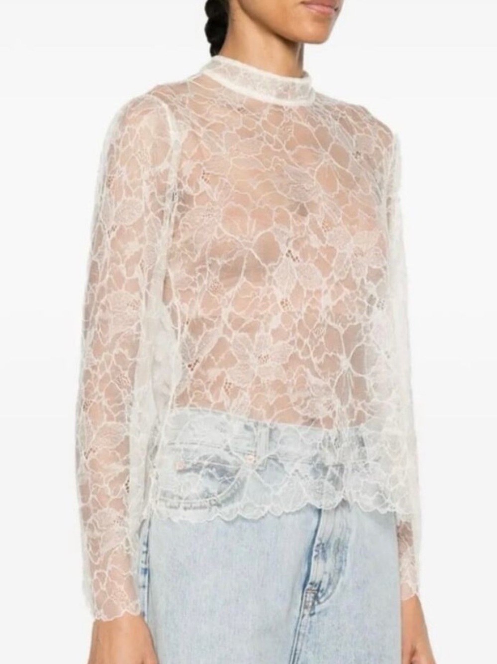 Frame Lace Mock Neck Long-Sleeve Blouse S